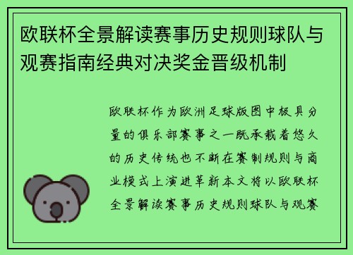 欧联杯全景解读赛事历史规则球队与观赛指南经典对决奖金晋级机制